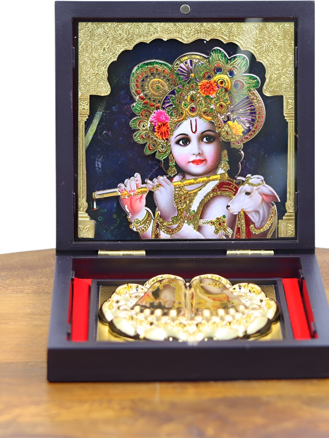 INTERNATIONAL GIFT Gold-Toned & Black Laddu Gopal Charan Paduka Portable Spiritual Box