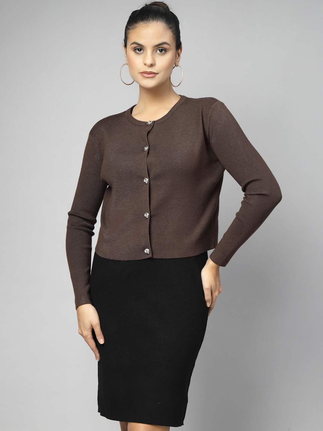 Mafadeny Scoop Neck Dress with Cropped Cardigan & Statement Button Detail