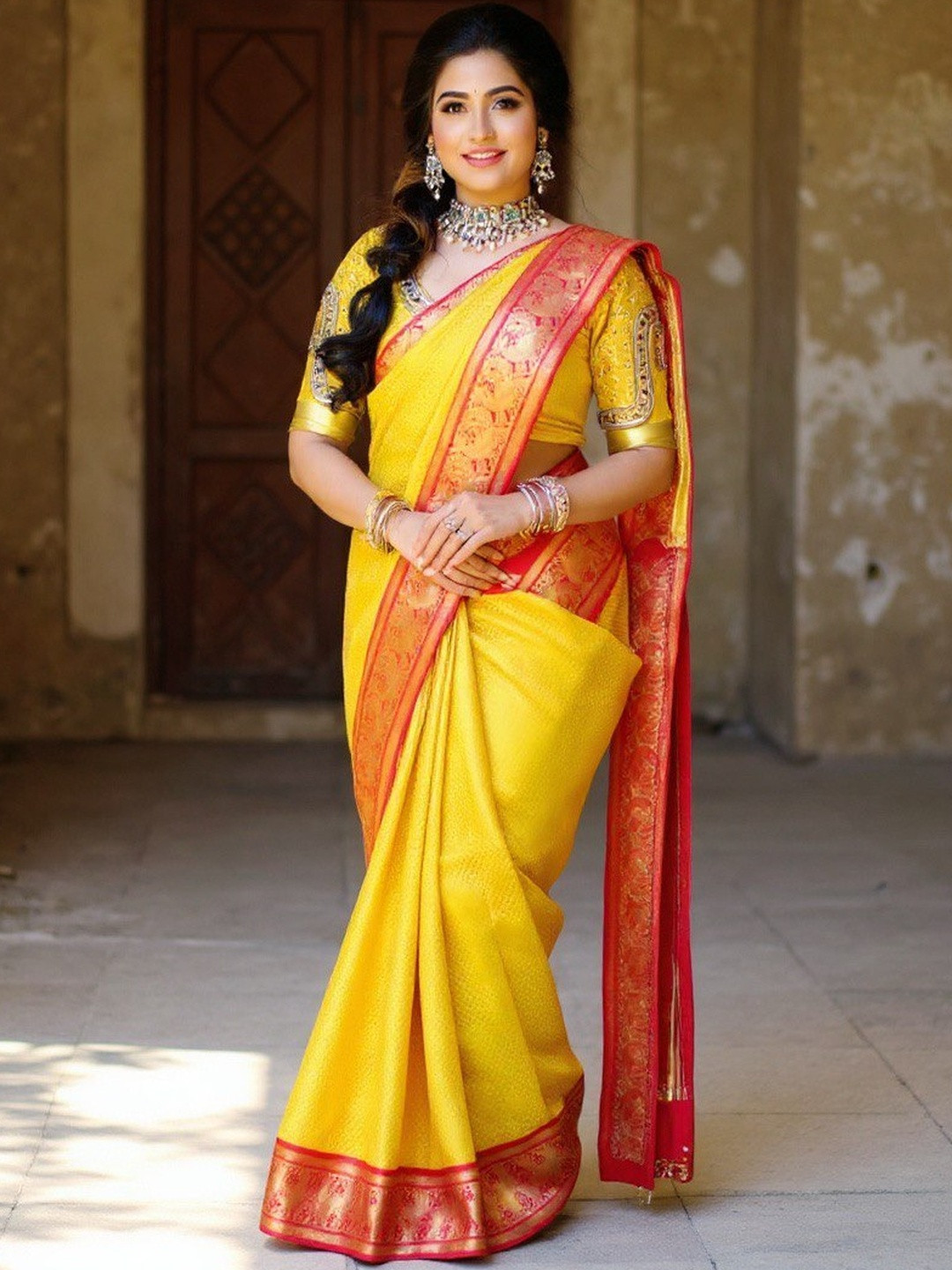 VILLE FASHION Yellow Art Silk Woven Design Kanjeevaram Sarees