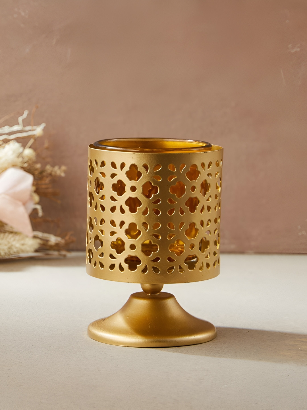 Fabindia Yellow & Gold-Toned 2 Pieces Metal Votive Holder with Stand Candle Holder