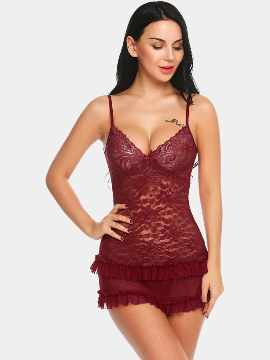 Ribald The Neech Women Maroon Lace Chemise Babydoll Nightwear
