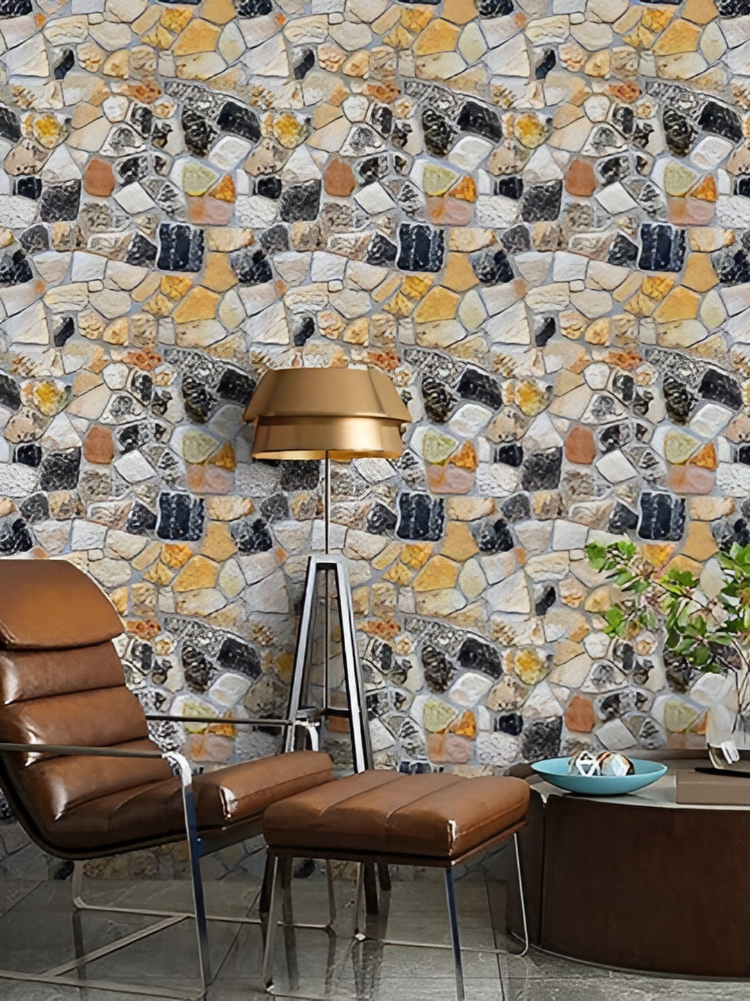 WOLPIN Brown & Grey Stone Design Printed Self Adhesive Wall Sticker