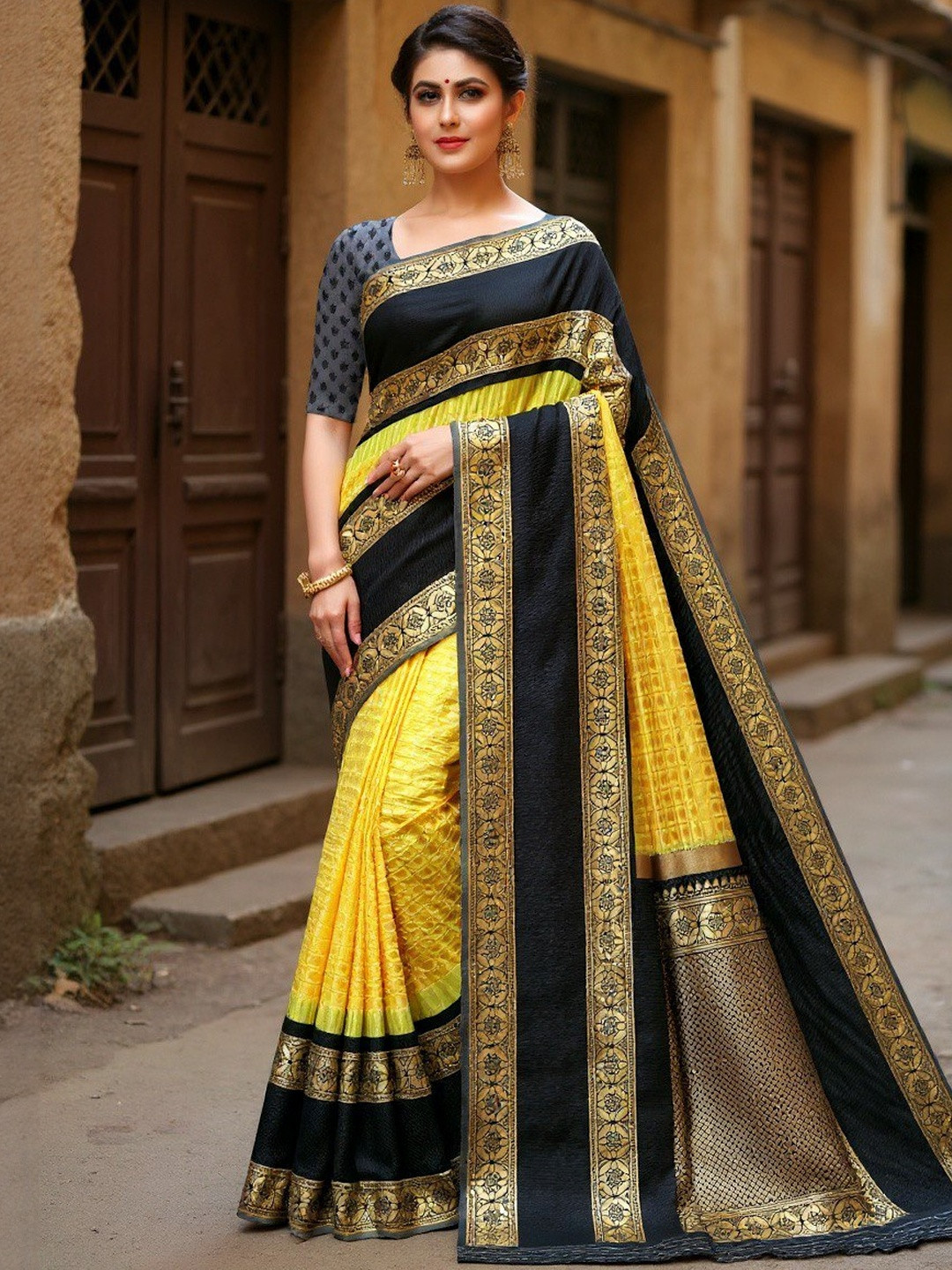 VILLE FASHION Yellow Art Silk Woven Design Kanjeevaram Sarees