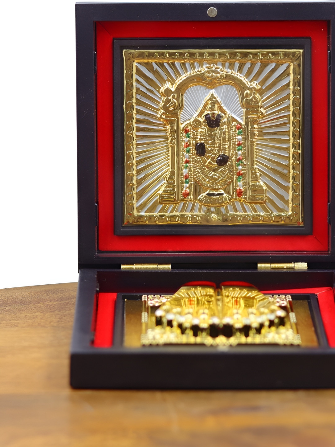 INTERNATIONAL GIFT Gold-Toned & Red Lord Balaji Charan Paduka Portable Spiritual Box