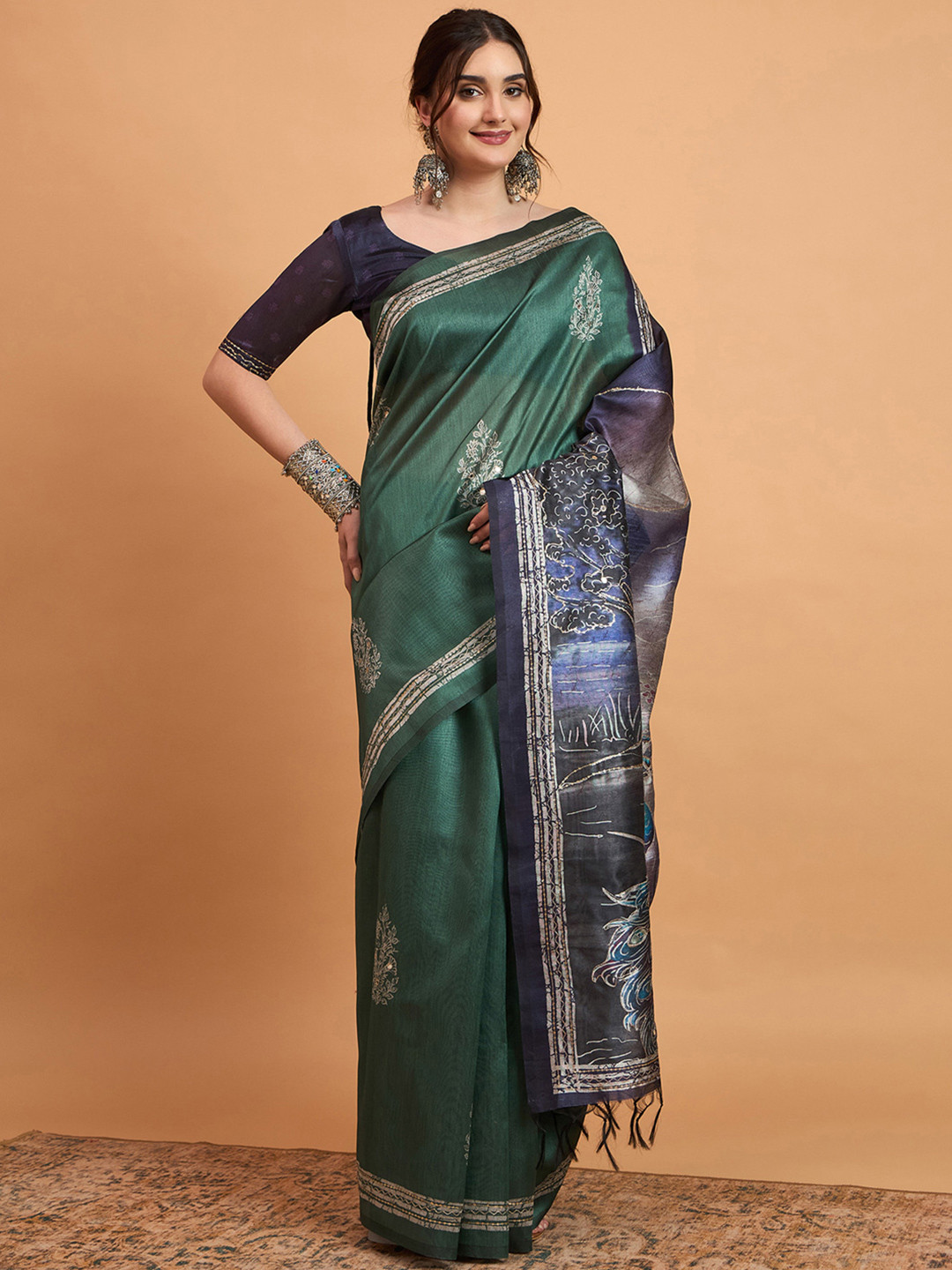 House of Pataudi Ethnic Motifs Printed Mirror Work Block Print Saree
