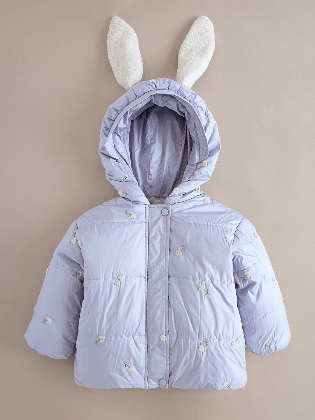 Hopscotch Girls Lavender Floral Embroidered Bunny Ear Hooded Puffer Long Coat
