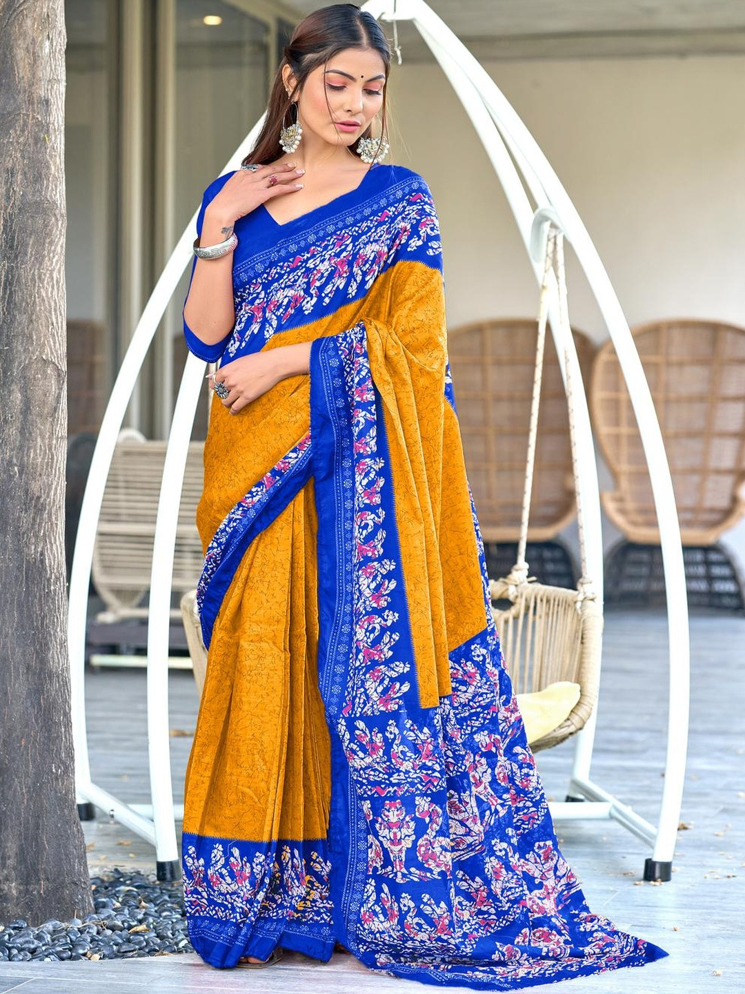 Suha Yellow Pure Cotton Printed Block Print Sarees