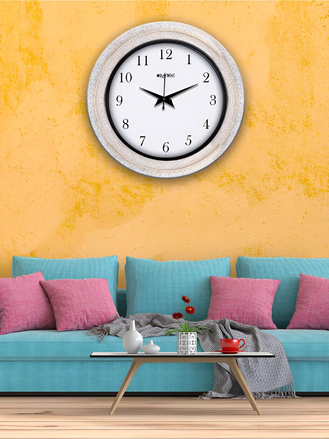 OLIVE TREE Blue & White Textured Round Wooden Analogue Wall Clock