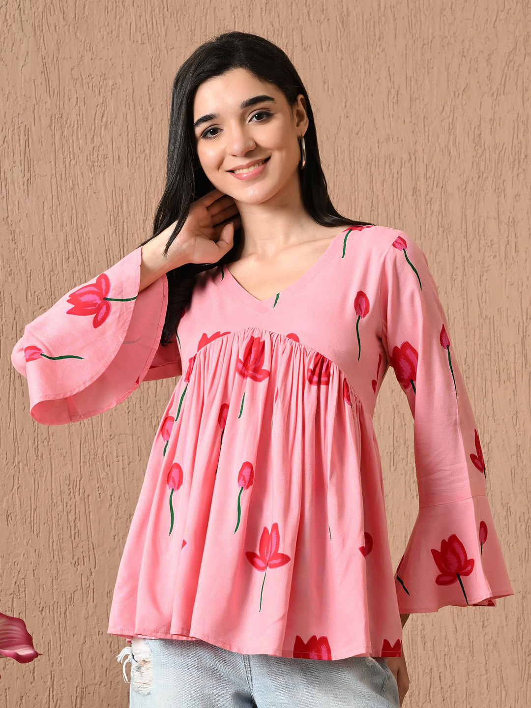 Anouk Rustic Floral Print Bell Sleeve Empire Top