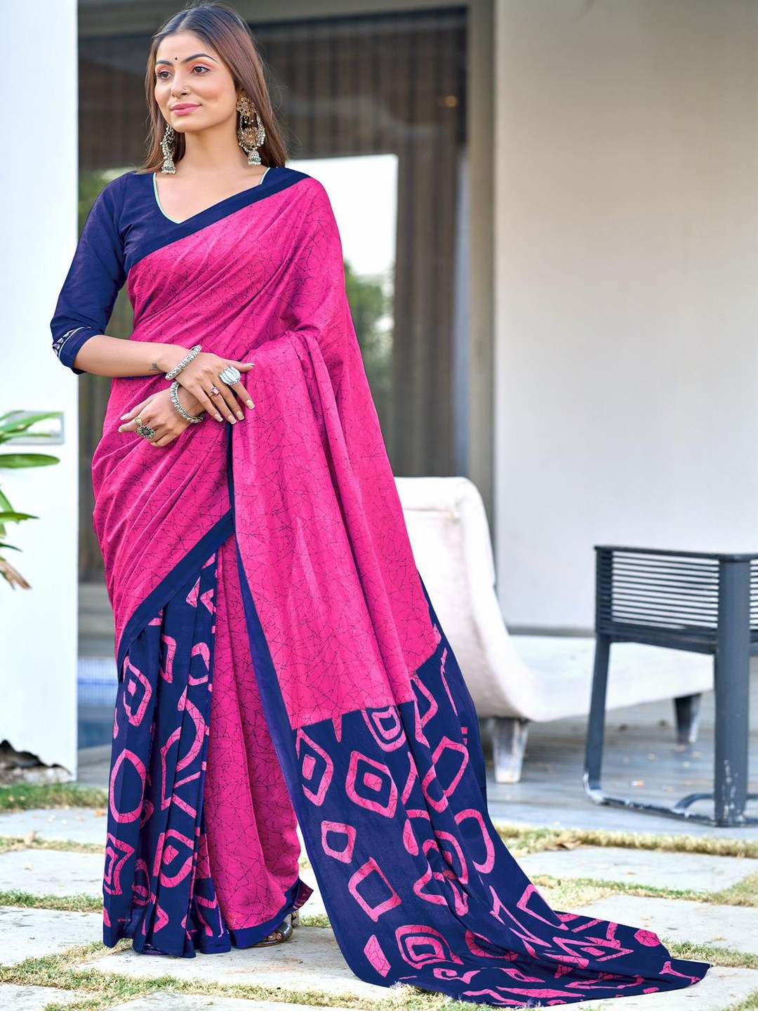 Suha Pink Pure Cotton Printed Block Print Sarees