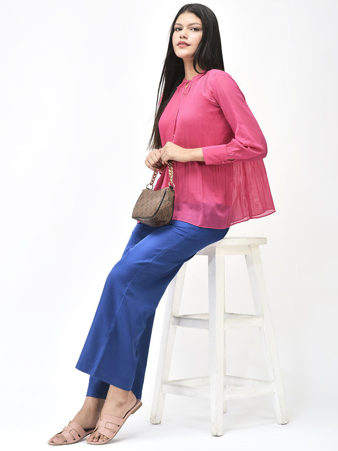 R.Code by The Roadster Life Co. Women Pleated Tie-Up Neck Long Sleeve Top