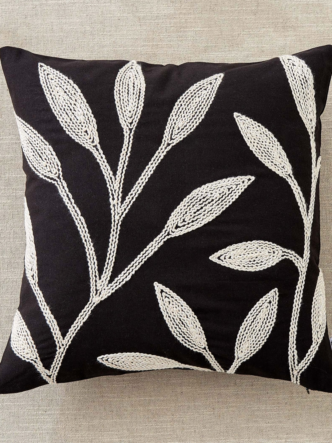 Home Centre Monochrome Black Paisley Embroidered Cotton Square Cushion Cover