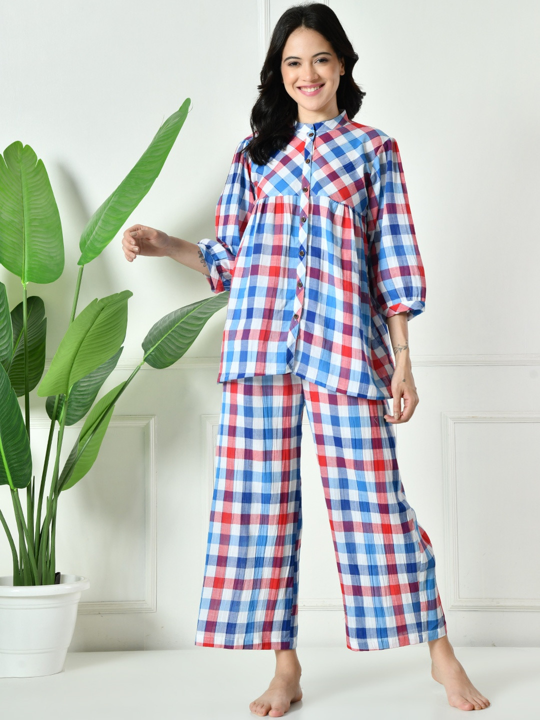 KALINI Women Blue Pure Cotton Checked Lounge Co-Ords Set
