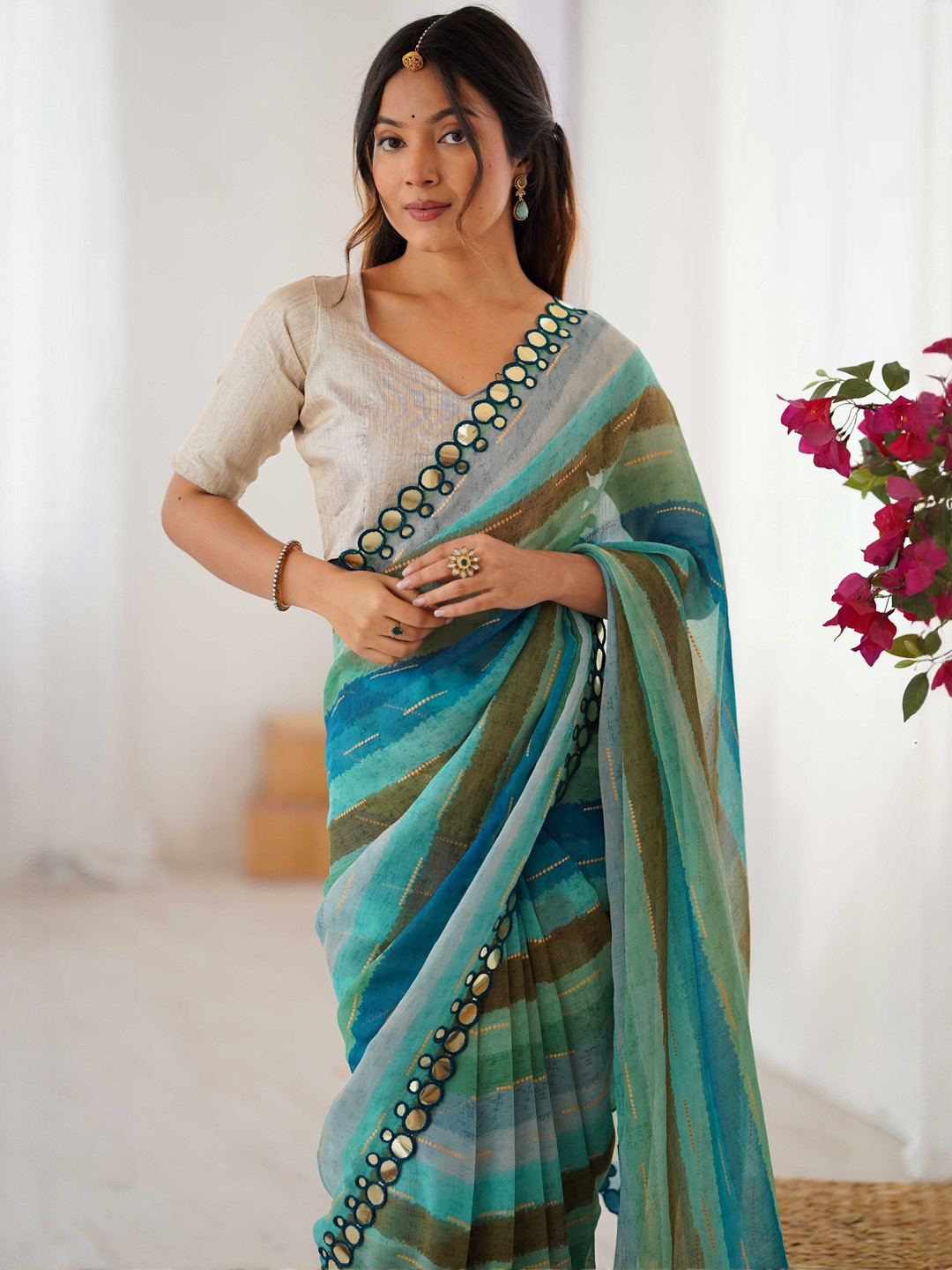 Peachmode Turquoise Blue Pure Chiffon Printed  Sarees