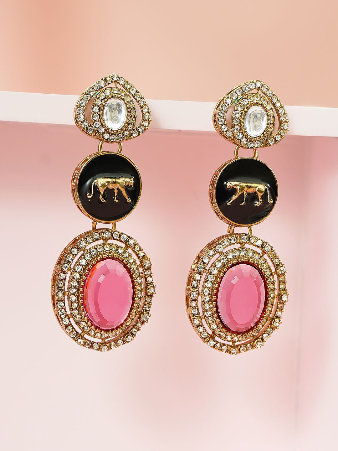 Rubans 24K Gold-Plated Drop Earrings with Black Enamel, Pink Gemstone & Zirconia Detailing