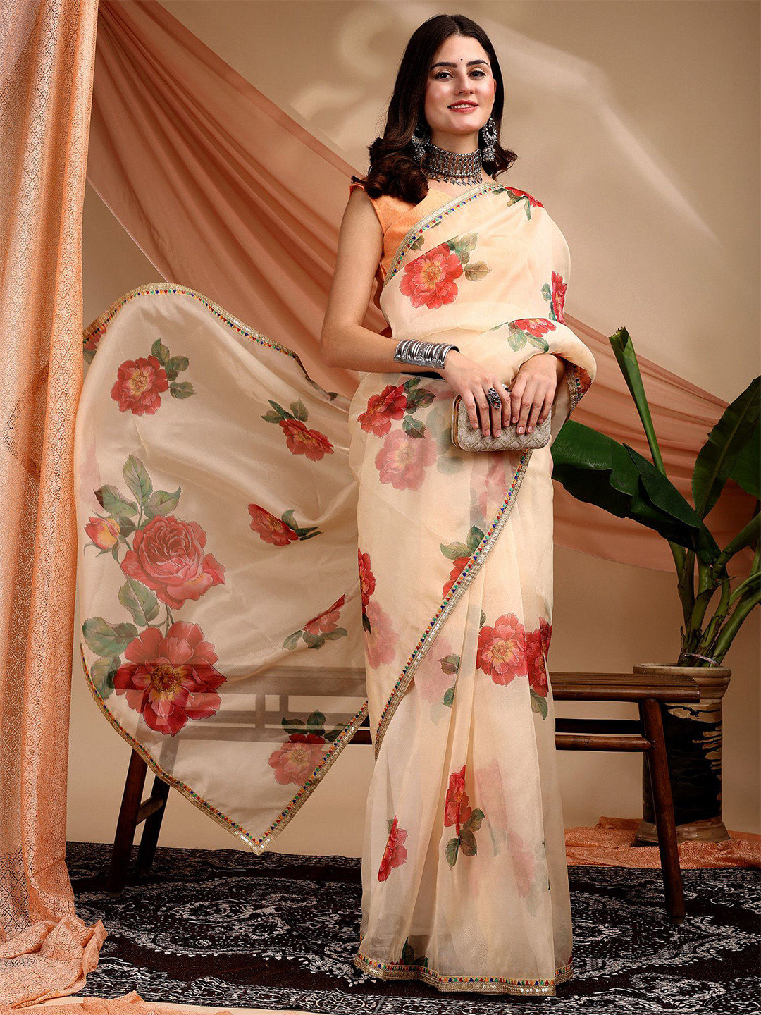 Sangria Women Cream & Red Floral Printed Sequinned Organza Saree