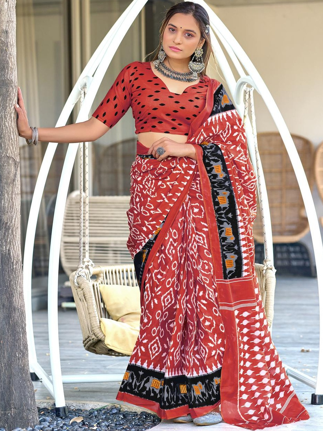 Suha Red Pure Cotton Printed Block Print Sarees