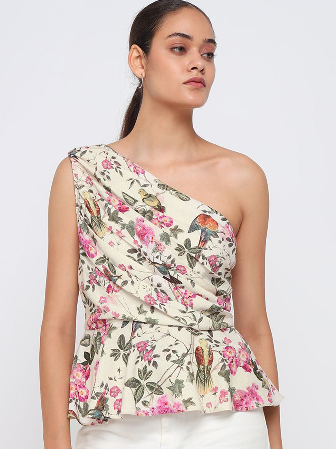 COVER STORY Women Floral Printed One Shoulder Cotton Peplum Top