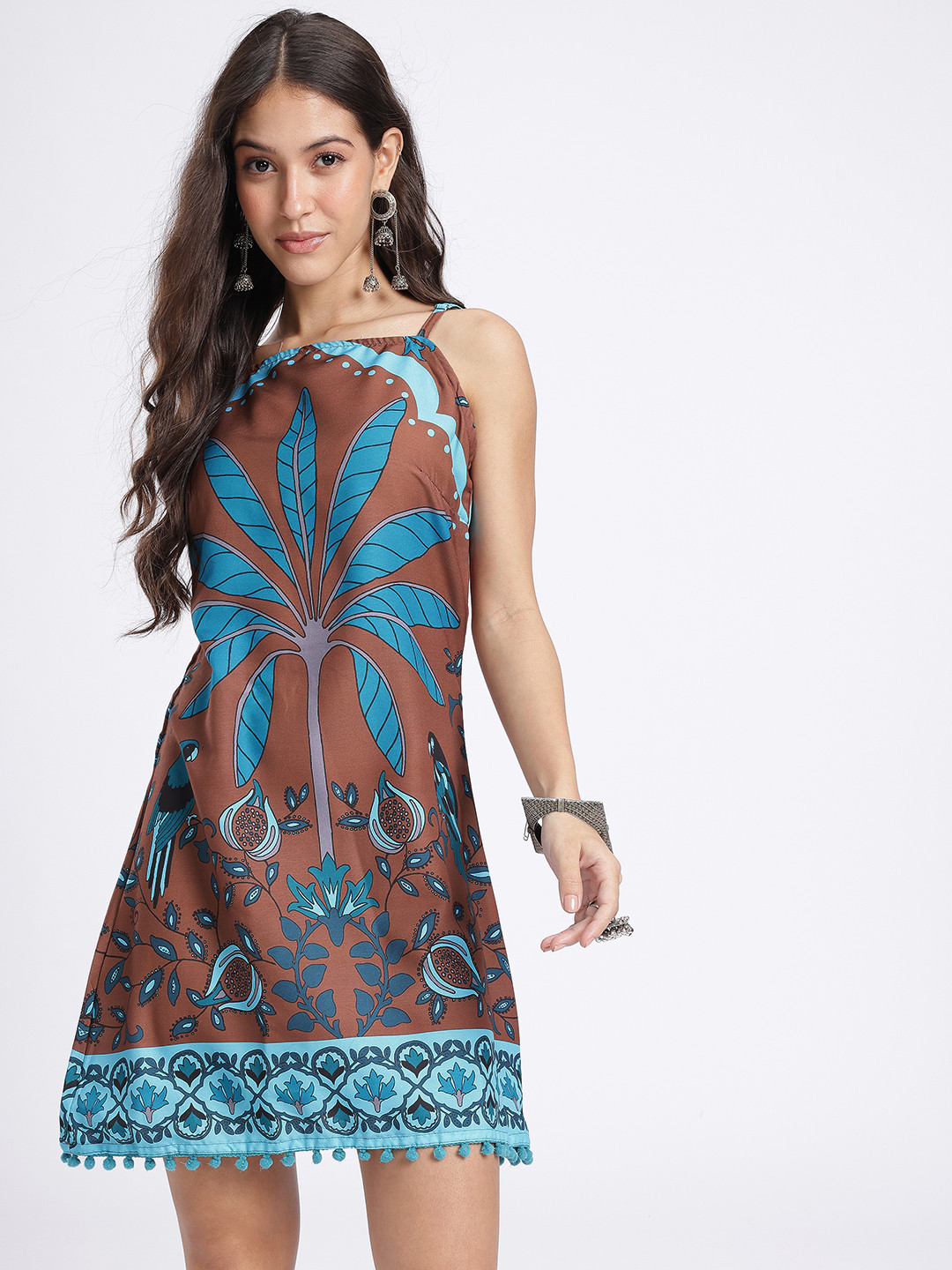 Tropical Graphic Printed Mini Dress with Pom-Pom Detail