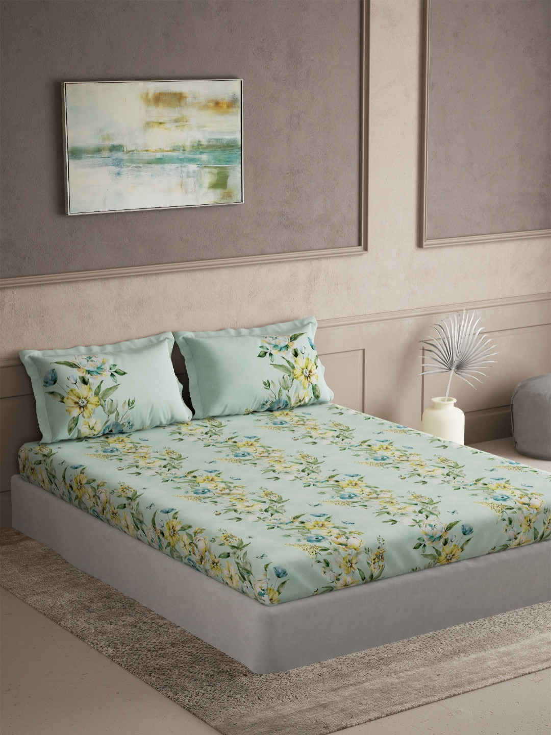 DDecor Radiance Green Floral Pure Cotton 144 TC Super King Bedsheet Set-2.74 m X 2.74 m