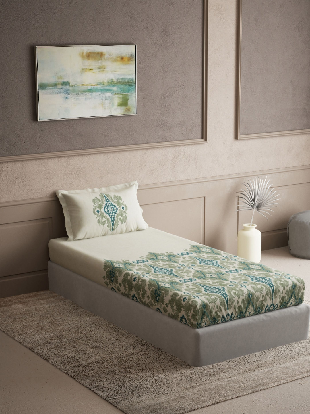 DDecor Green & Off White Ethnic Motifs 145 TC Pure Cotton Single Bedsheet - 1.52m x 2.24m