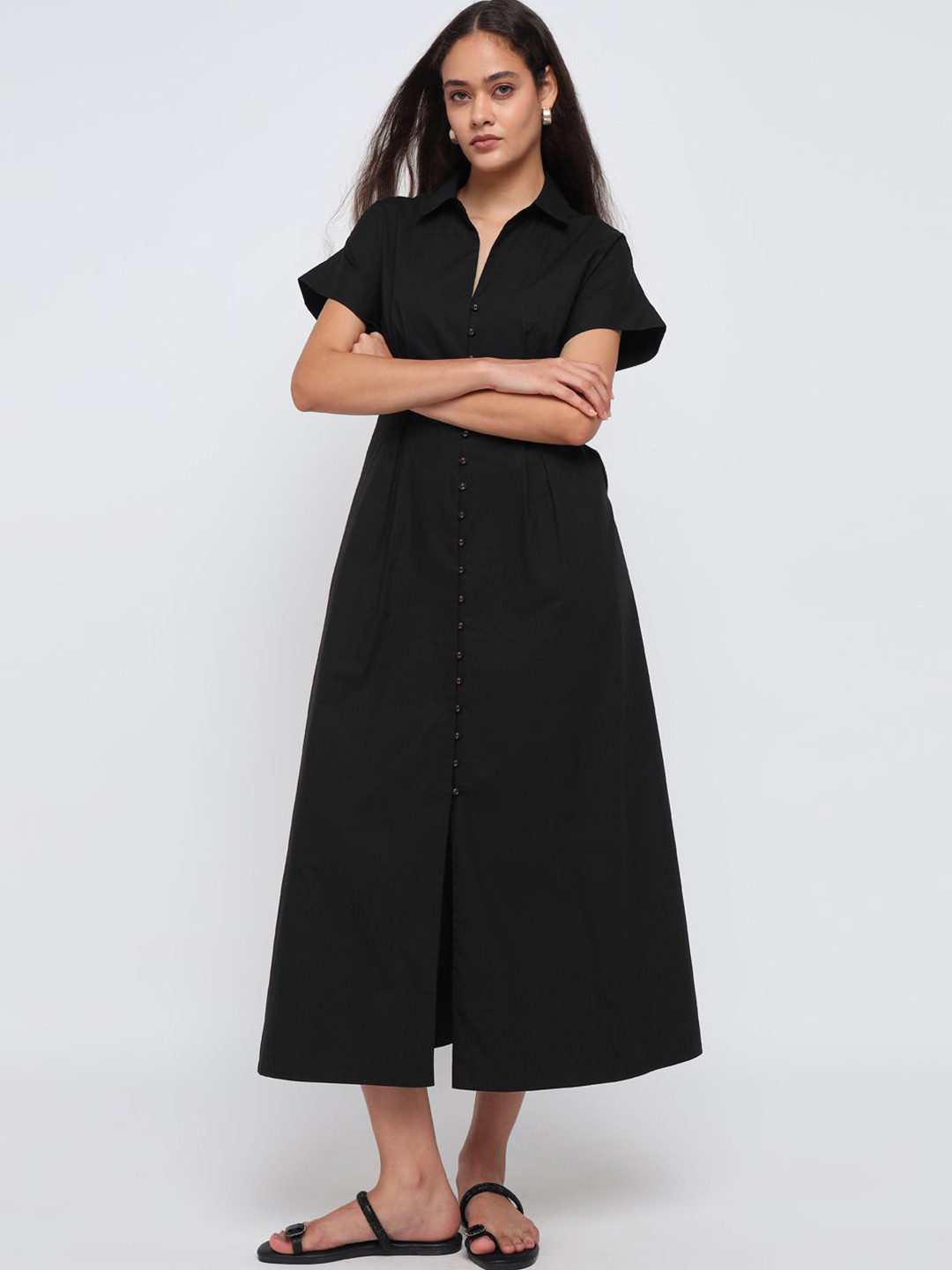 COVER STORY Shirt Collar Shift Midi Dress