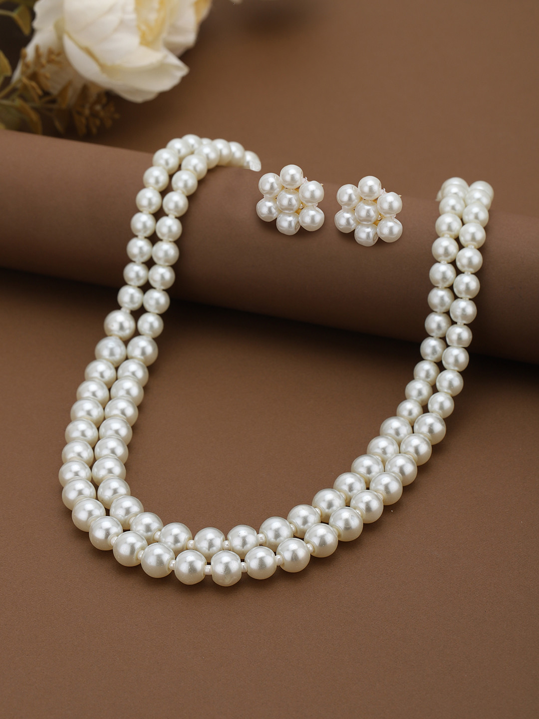 Gold Plated Double Layered Pearl Beaded Necklace and Earring Set