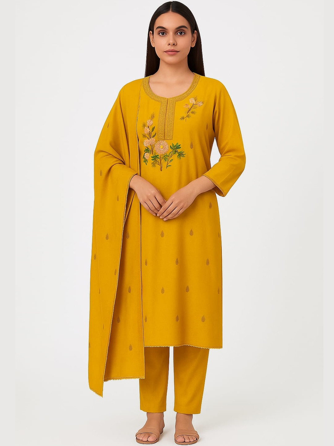 Silakaari Women Yellow Embroidered Unstiched Dress With Floral Organza Dupatta
