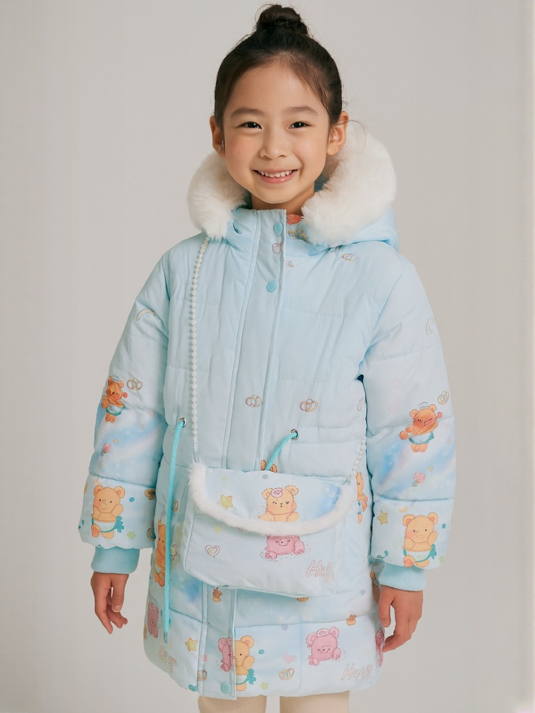 AIDAN PAUL Girls Printed Therma Fit Water Resistant Faux Fur Padded Jacket With Bag