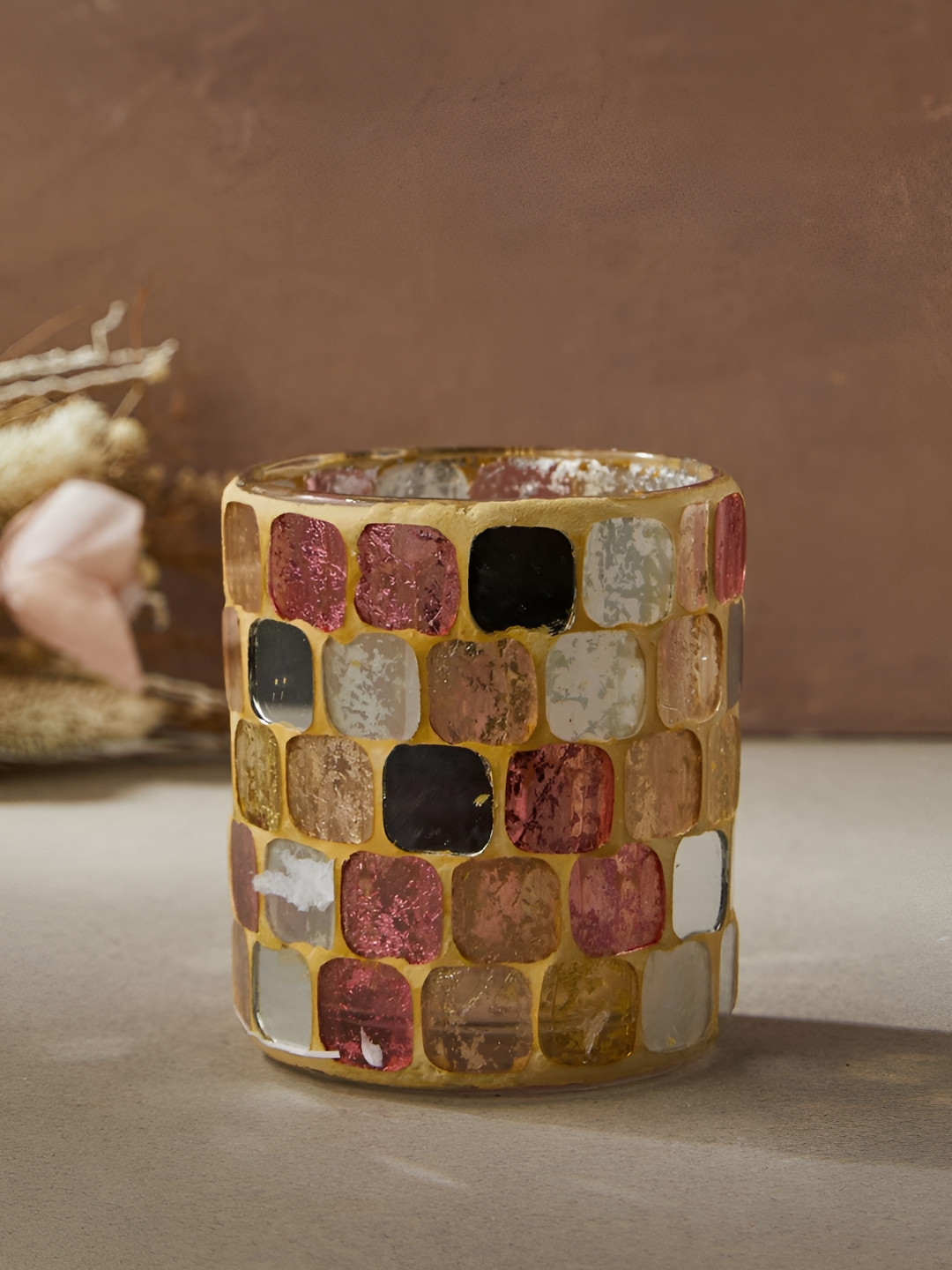 Fabindia Gold Toned & Pink Glass Candle Holder