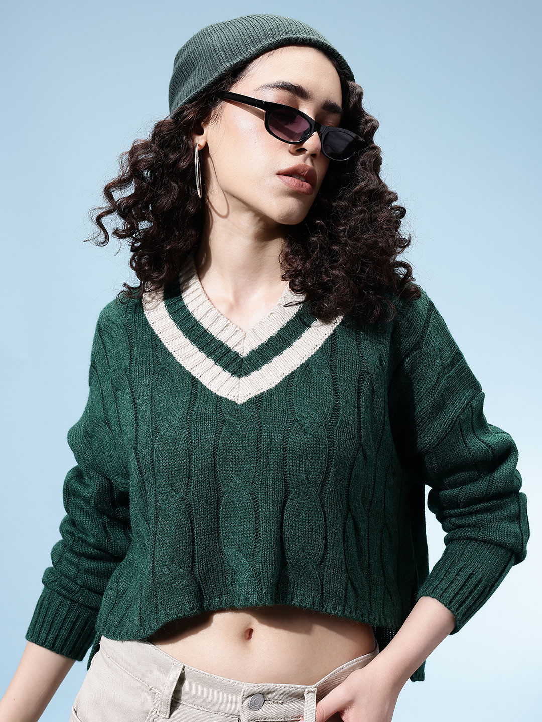 glitchez Cable Knit Contrast Neckline High-Low Crop Pullover