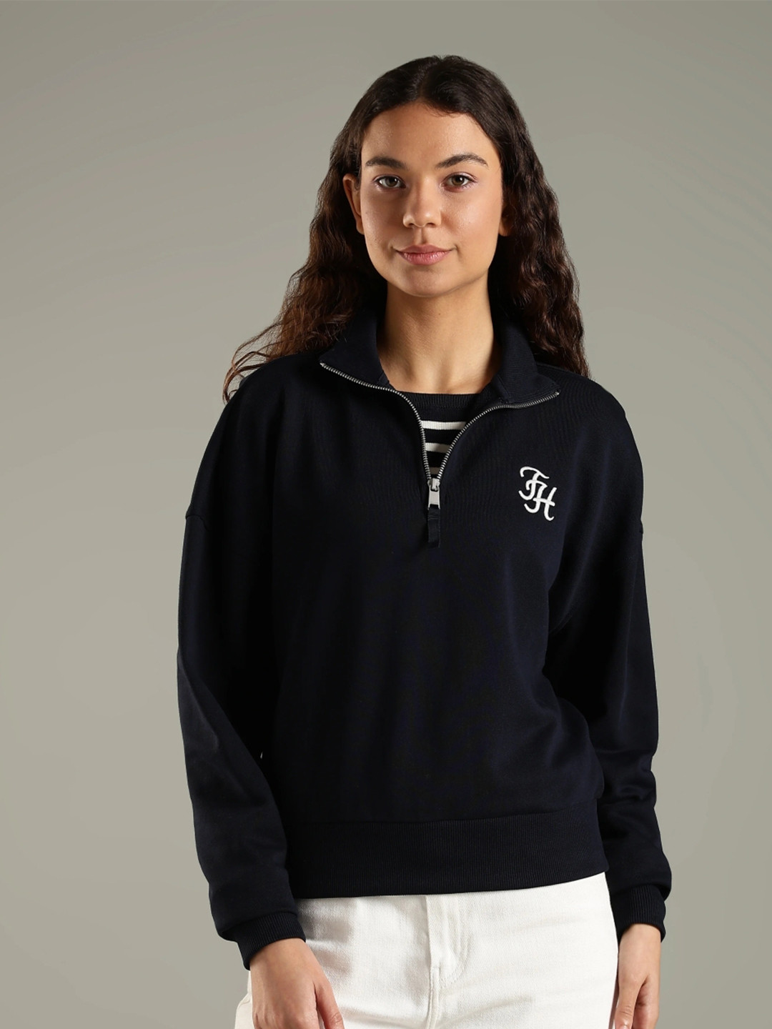 Tommy Hilfiger Women Regular Fit Half-Zip Cotton Pullover Sweatshirt