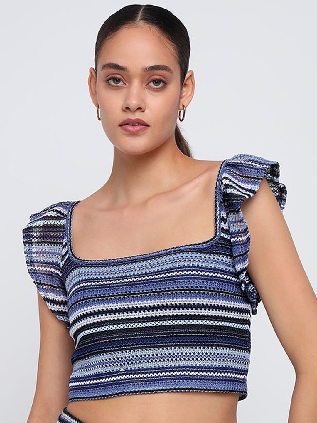 COVER STORY Women Striped Flutter Sleeve Fitted Crop Top