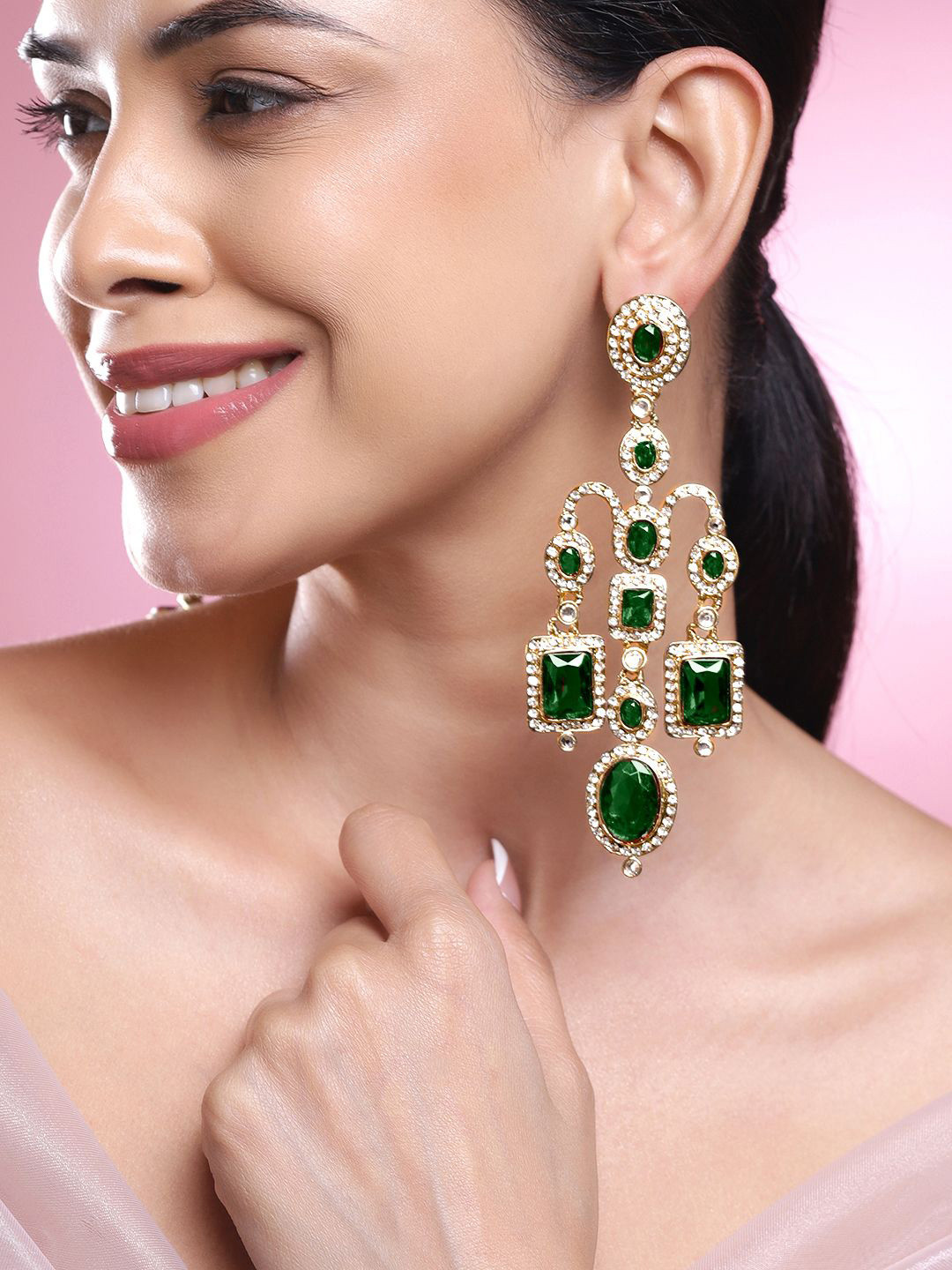 Rubans 22K Gold-Plated Emerald Green Oval & Rectangle Cubic Zirconia Chandelier Earrings