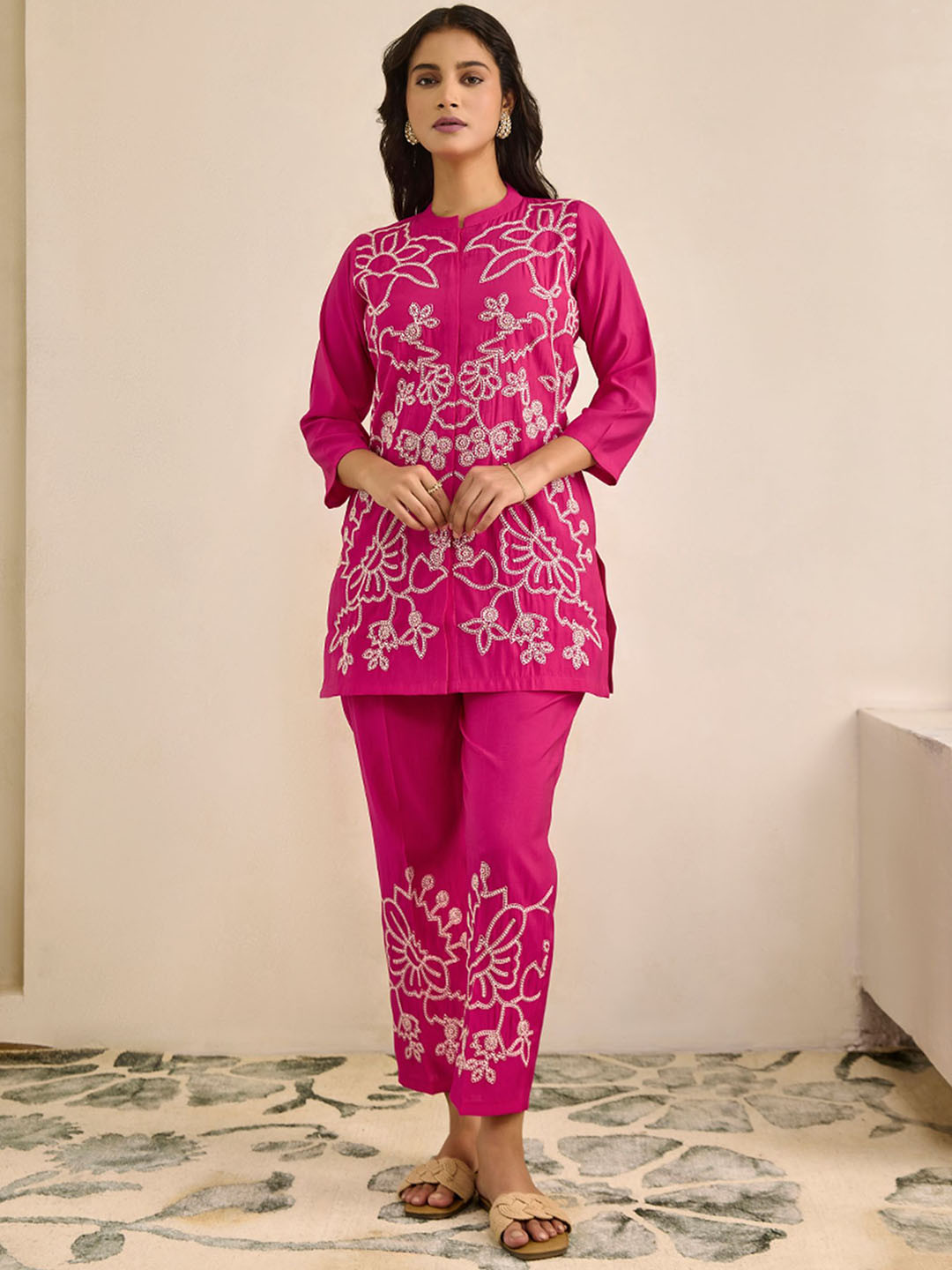 WOMEN PLUS Moh Collection Plus Size Embroidered Mandarin Collar Tunic With Trouser Co-Ords