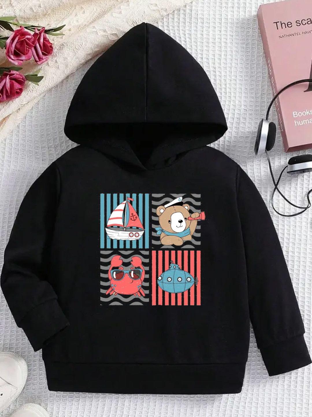 ARYA Unisex Kids Black Printed Hooded Sweatshirt