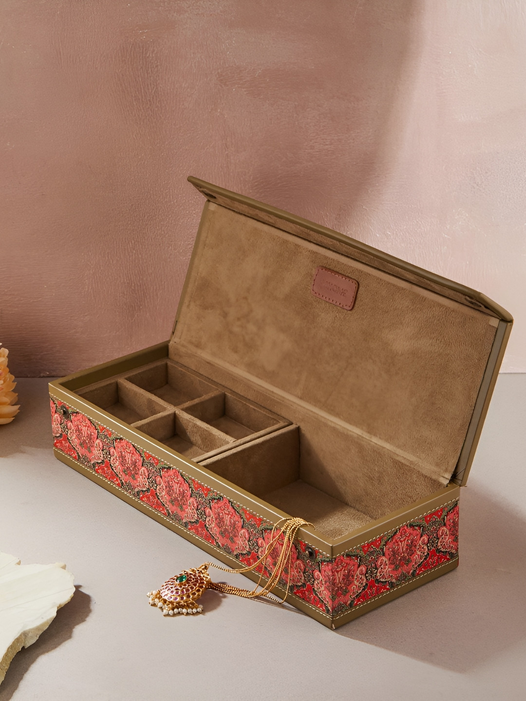 Fabindia Coffee Brown & Red Printed Jewellery Organiser