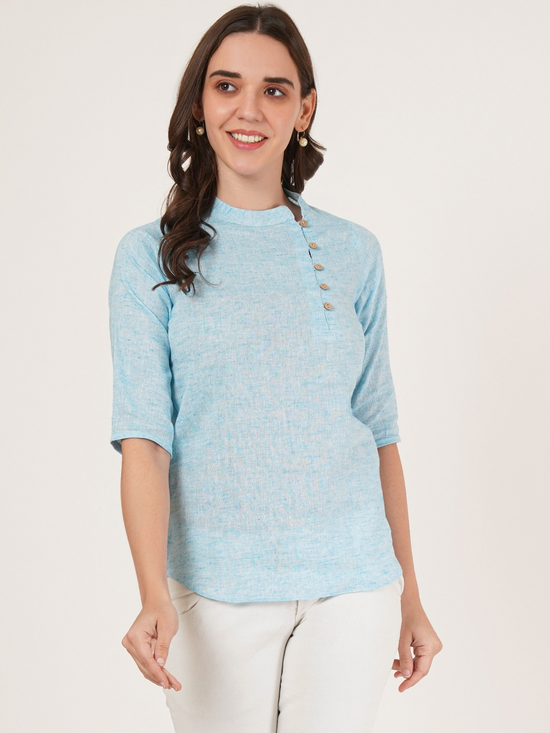 Diktmark Women Cotton Embroidered Mandarin Collar Shirt Style Top