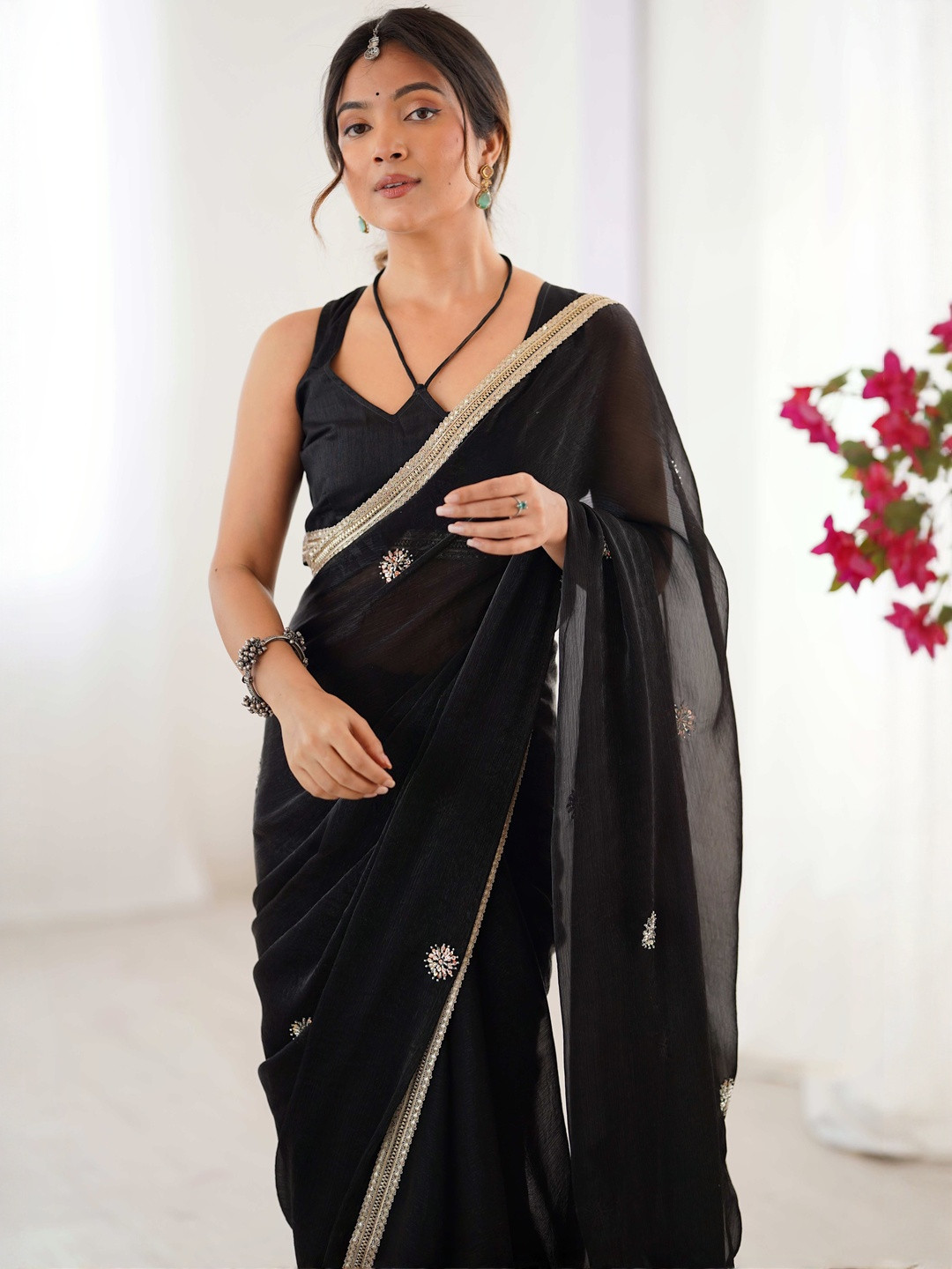 Peachmode Black Organza Embellished  Sarees