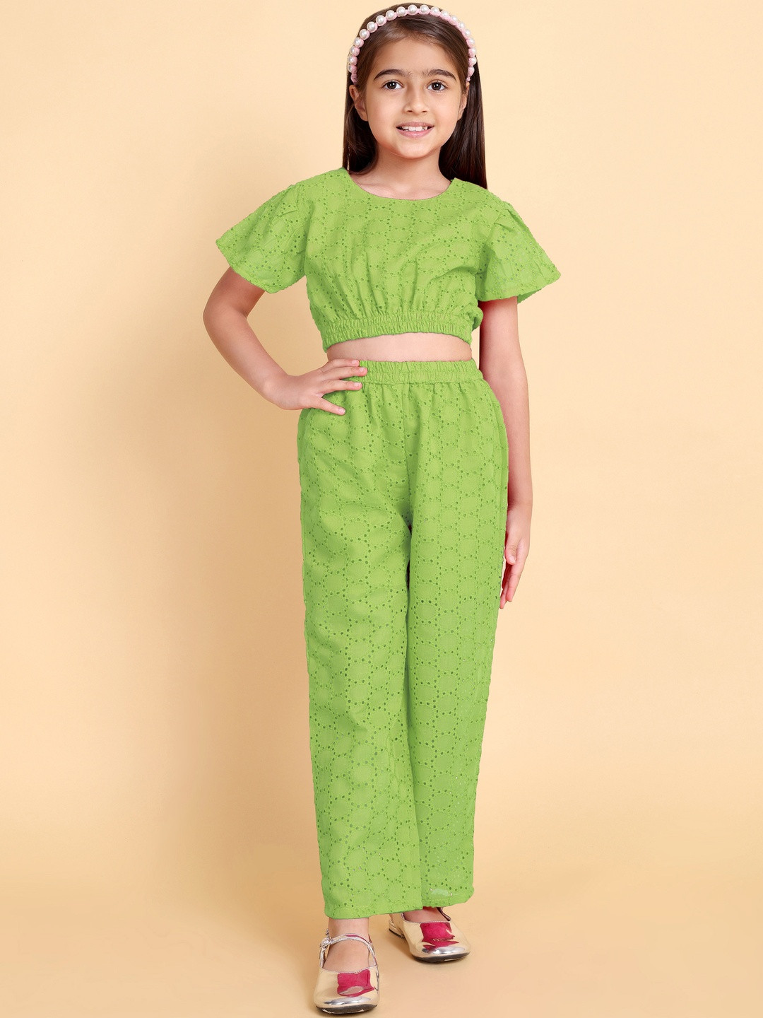 YK Girls Green Pure Cotton Schiffli Crop Top With Ruffled Sleeves & Pant Set