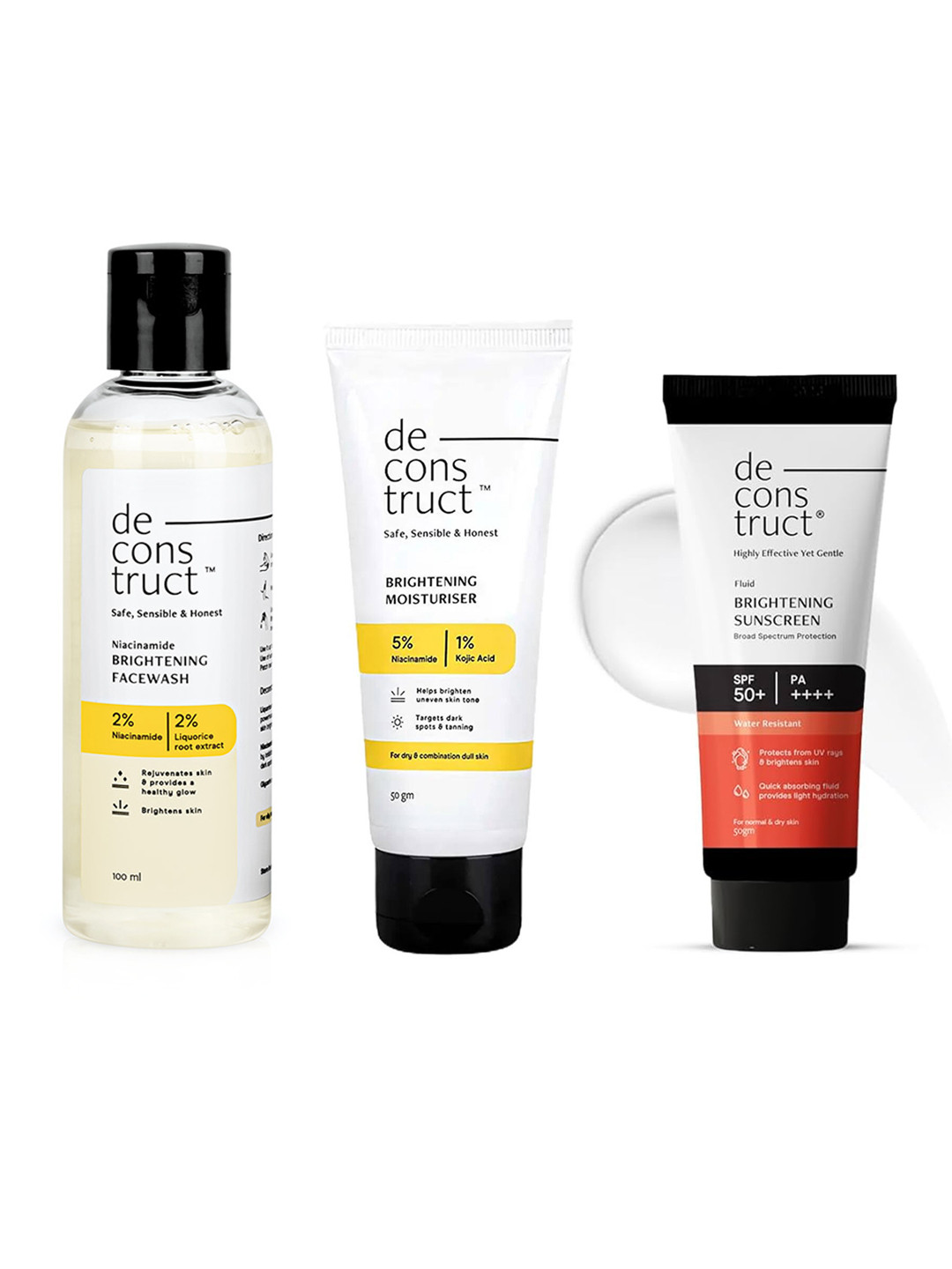 deconstruct Brightening Skin Care Combo- Face Wash 100ml + Sunscreen 50g + Moisturizer 50g