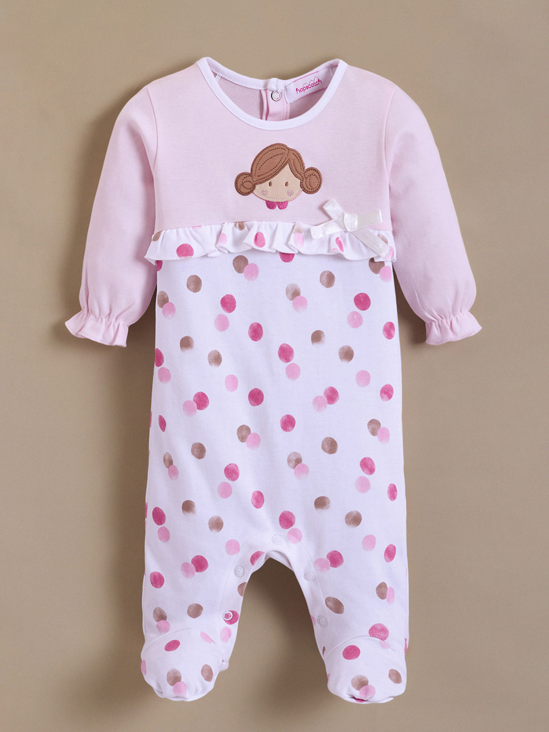 Hopscotch Girls Pink Round Neck Long Sleeves Pure Cotton Cozy Naptime Footie