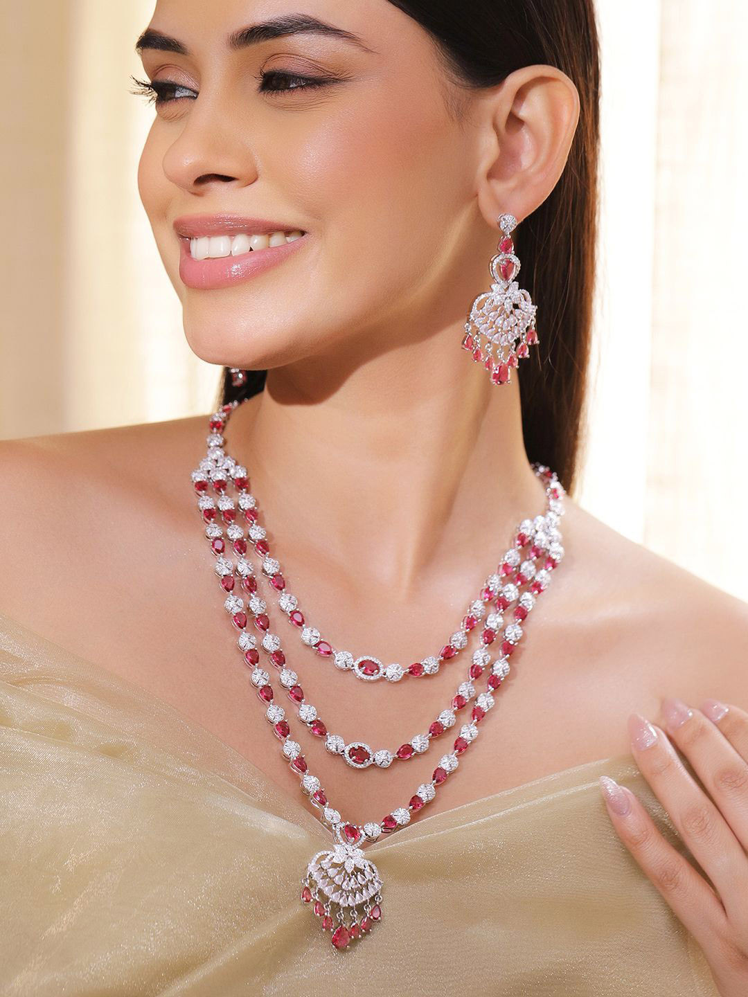 Rubans Rhodium-Plated Multi-Layer Ruby Red & Cubic Zirconia Chandelier Necklace Set