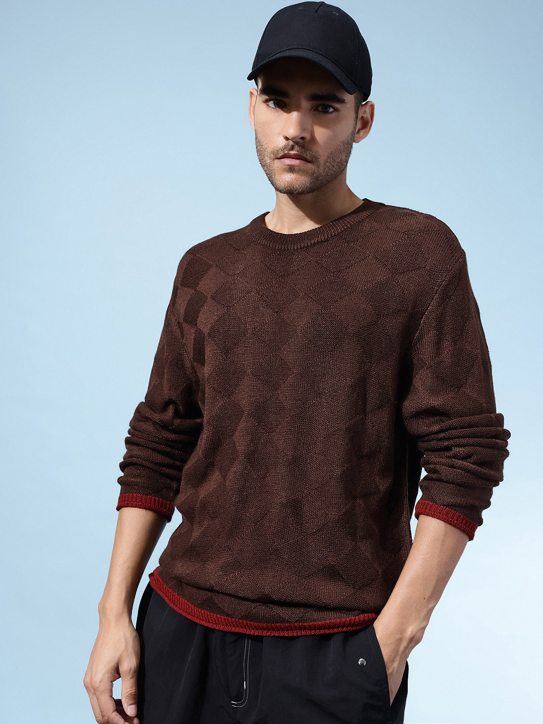 glitchez Self-Design Drop-Sleeves Acrylic Relaxed Fit Pullover with Contrasting Edges