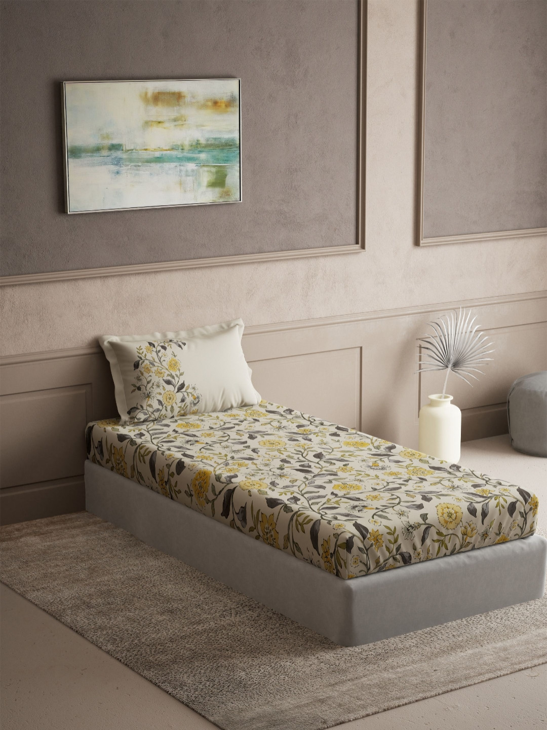 DDecor Radiance Yellow & Beige Floral Pure Cotton 144 TC Single Bedsheet Set-1.52mX2.24m