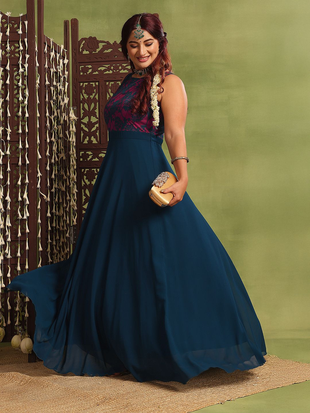 Miss Chase A+ Plus Size Sisodia Floral Embroidered Georgette Fit & Flare Maxi Ethnic Dress