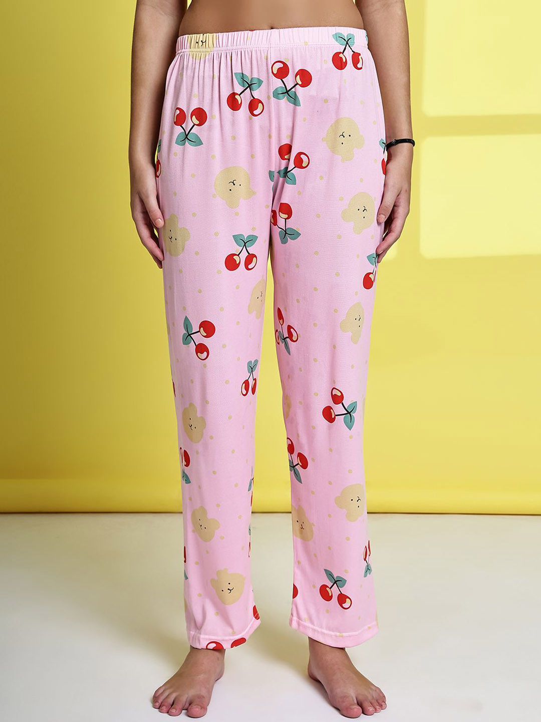 ETC Women Cherry Printed High-Rise Pure Cotton Lounge Pants