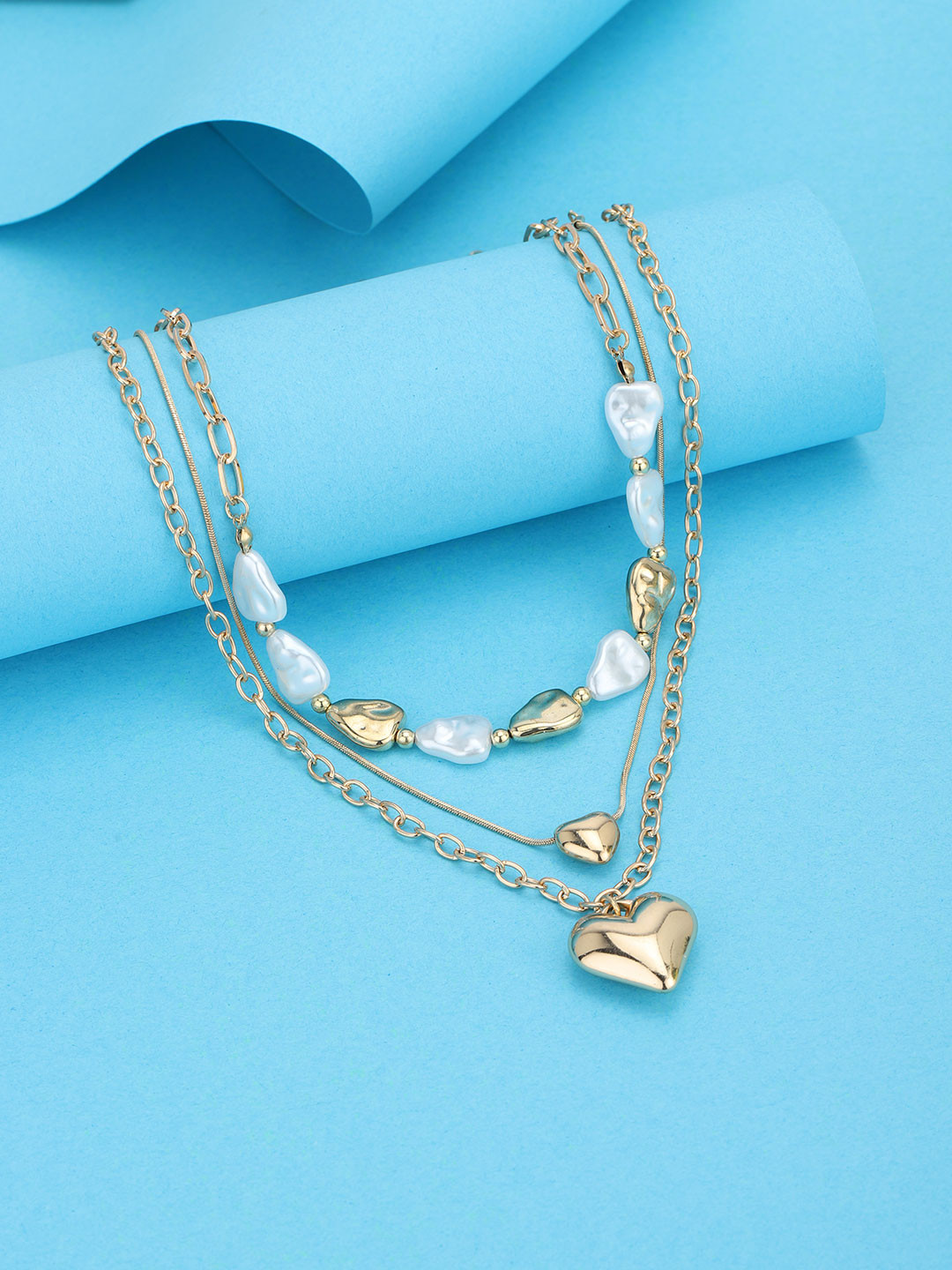 DressBerry Set of 3 Rose Gold Plated Small Puffed Heart Multilayered Necklace