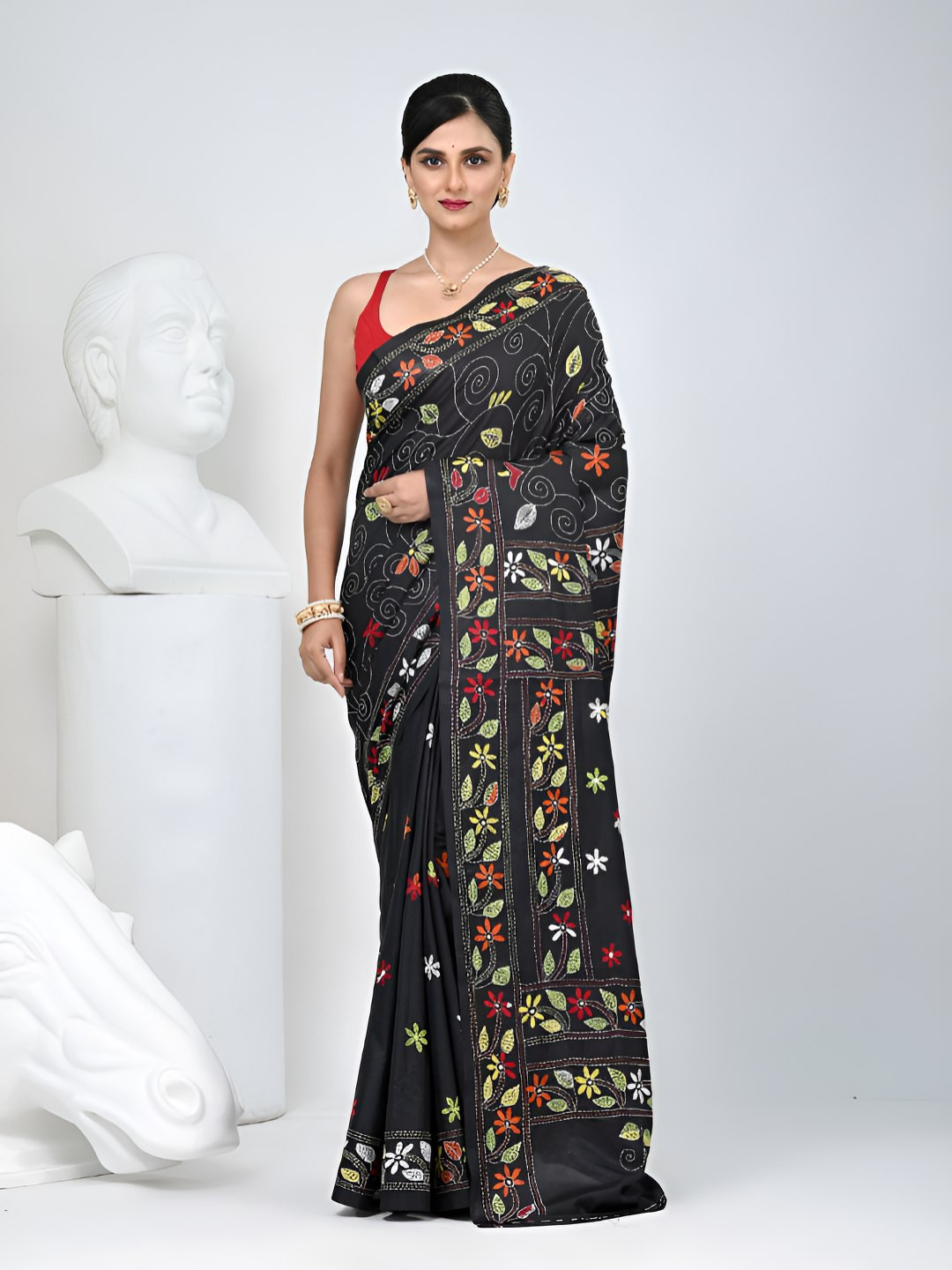 Charukriti Floral Embroidered Kantha Stitch Saree