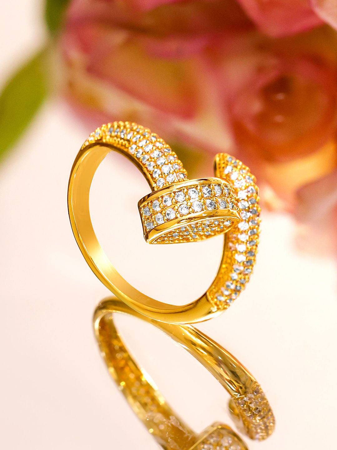 Rubans 22K Gold-Plated Adjustable Wrap Design Ring with Cubic Zirconia Detailing